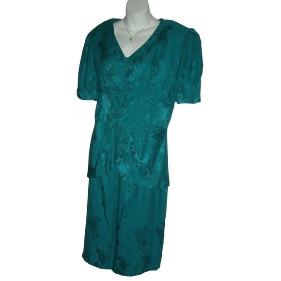 Vintage 80s Jonathan Martin Outfit Turquoise Silk Floral Skirt Suit Dynasty Plus - Picture 3 of 12